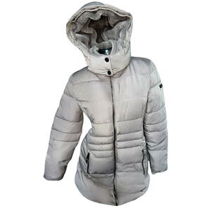 Dkny Light Gray Puffer Jacket with High Collar and Full Zip Closure
